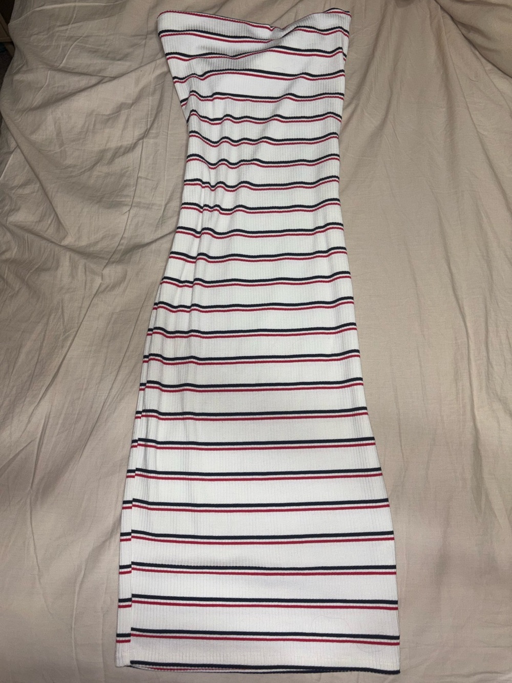 Fashion nova Striped White Tube Midi Dress with Red & Navy Lines